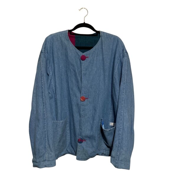 VTG Denim Barn Coat Jacket OOAK Patches Car Appliqué Plaid Lining OS Grandma Y2K - Picture 5 of 14